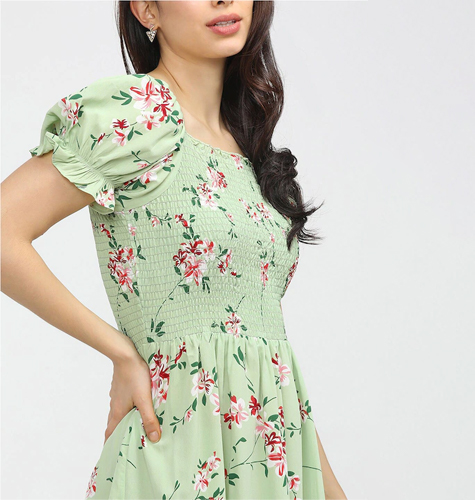 Green & Pink Floral A-Line Dress